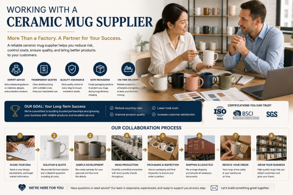 A sales manager and a client discussing custom ceramic mug designs over a video call