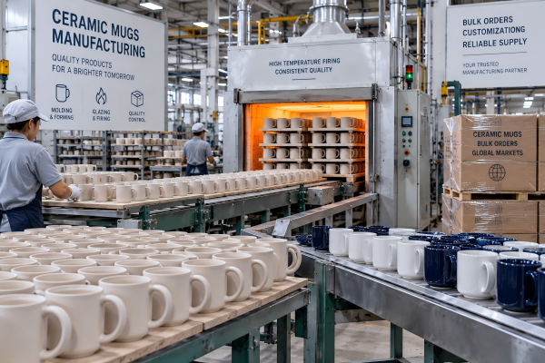 Bulk ceramic mugs manufacturing An industrial kiln being loaded with hundreds of unglazed ceramic mugs.
