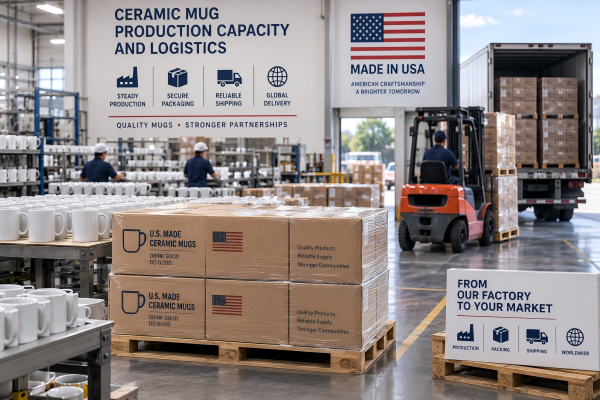 Ceramic Mug Production Capacity and Logistics A large warehouse filled with pallets of boxed ceramic mugs ready for shipment