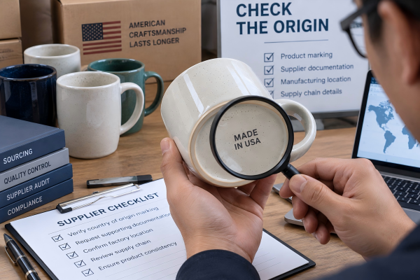Checking ceramic mug country of origin A person examining a coffee mug's base for a country of origin stamp.