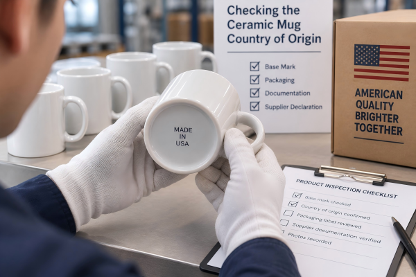 Checking the Ceramic Mug Country of Origin A person inspecting a ceramic mug's base for a country of origin stamp