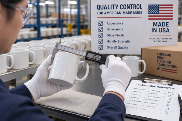 Quality Control for American-Made Mugs A quality control inspector measuring the dimensions of a U.S.-made ceramic mug with calipers