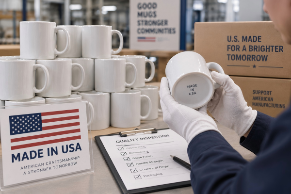 Verifying Mugs Made in the USA A stack of plain white ceramic mugs made in the USA waiting for inspection