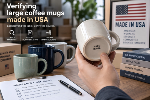 Verifying large coffee mugs made in USA A close-up of a stack of large ceramic mugs, showcasing their glaze and texture.