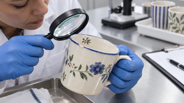 Visual inspection of a ceramic mug for lead-related warning signs visual warning signs when evaluating lead in ceramic mugs