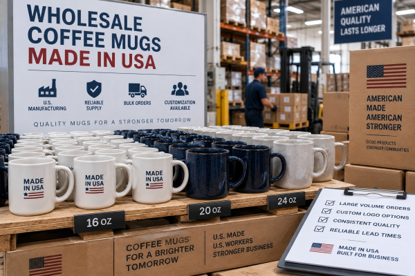 Wholesale coffee mugs made in USA A warehouse aisle stacked with boxes of wholesale ceramic mugs.
